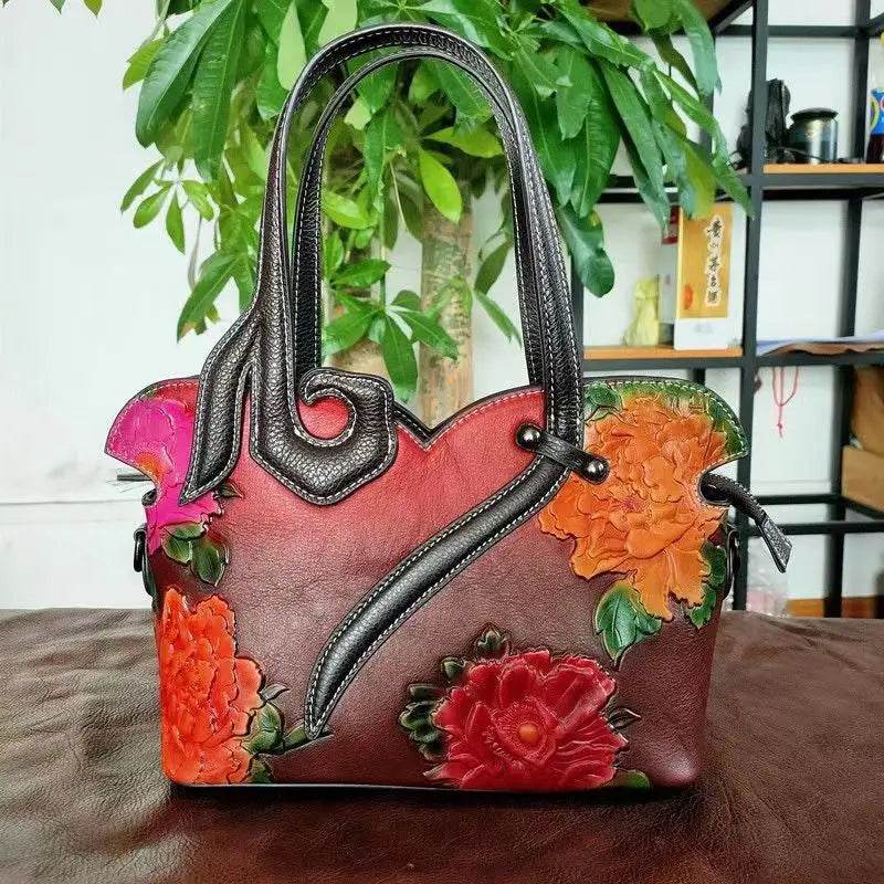 Woman Floral Tote Bags 2025 New Handmade Cow Leather Shoulder or Crossbody Bag - Dressect