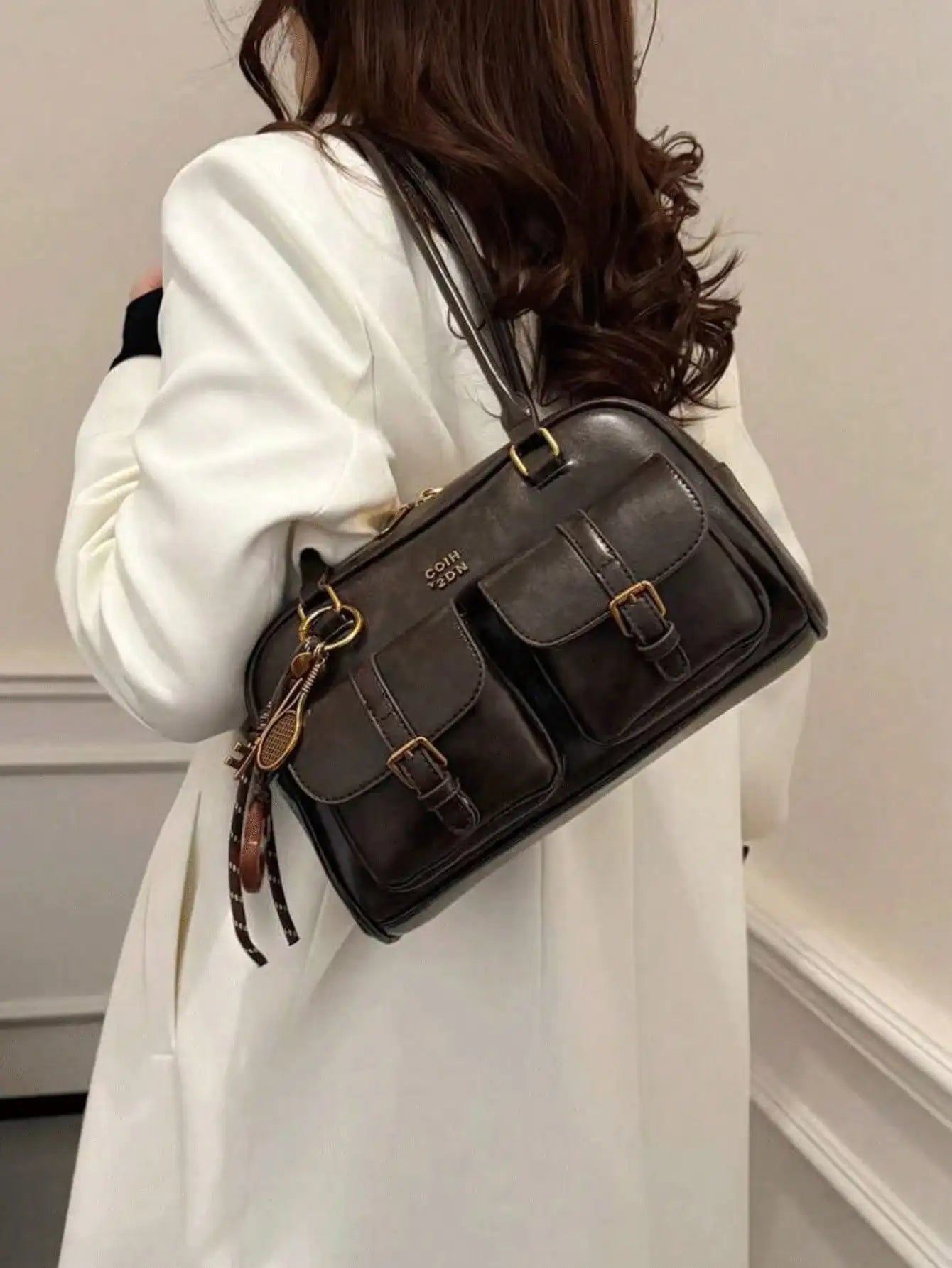 Vintage Brown Tote Bag for Women, Crossbody Shoulder Bag with Metal Buckles & Keychain, Stylish Spacious Daily Purse