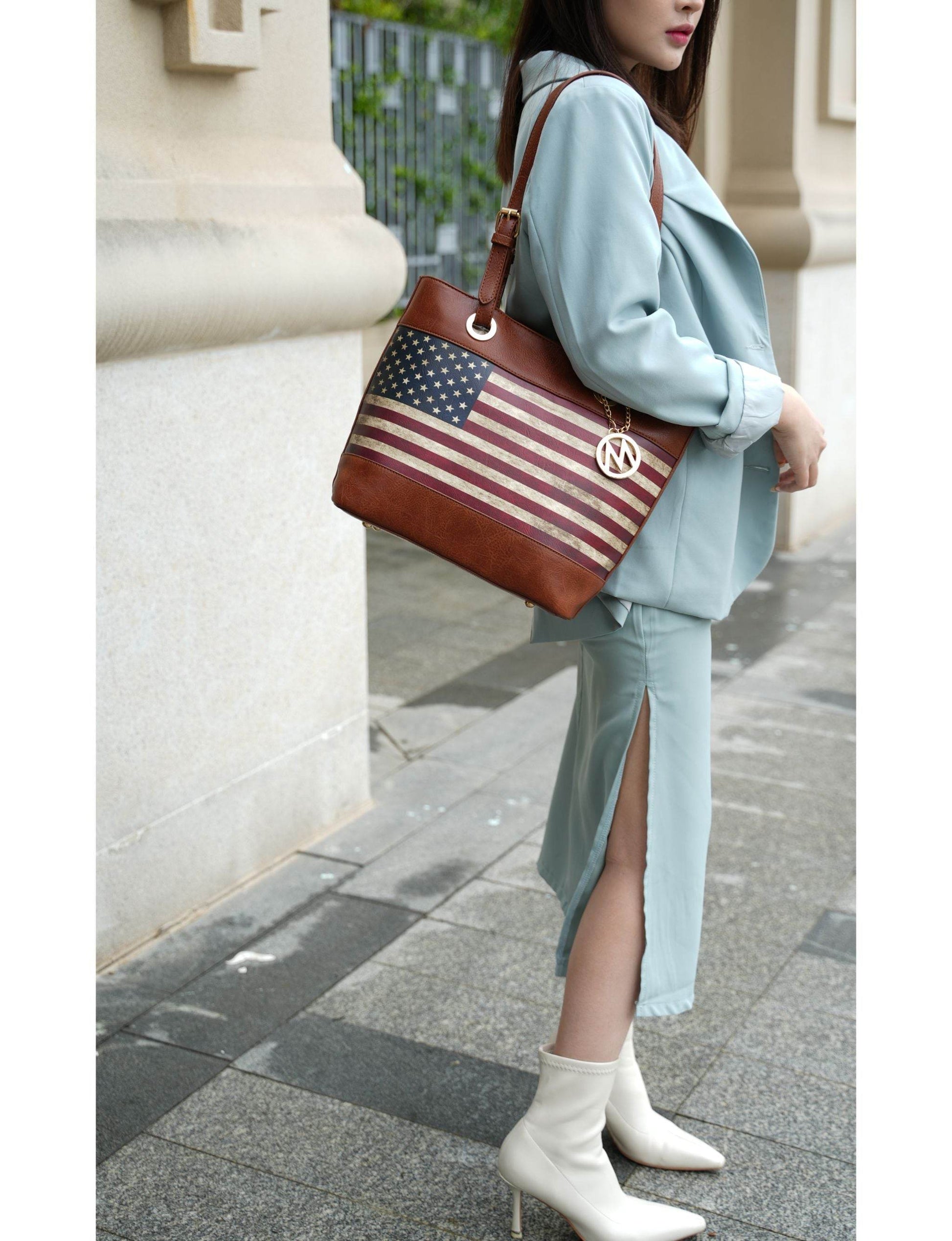 Vera Vegan Leather Patriotic Flag Pattern Women Tote Bag - Dressect
