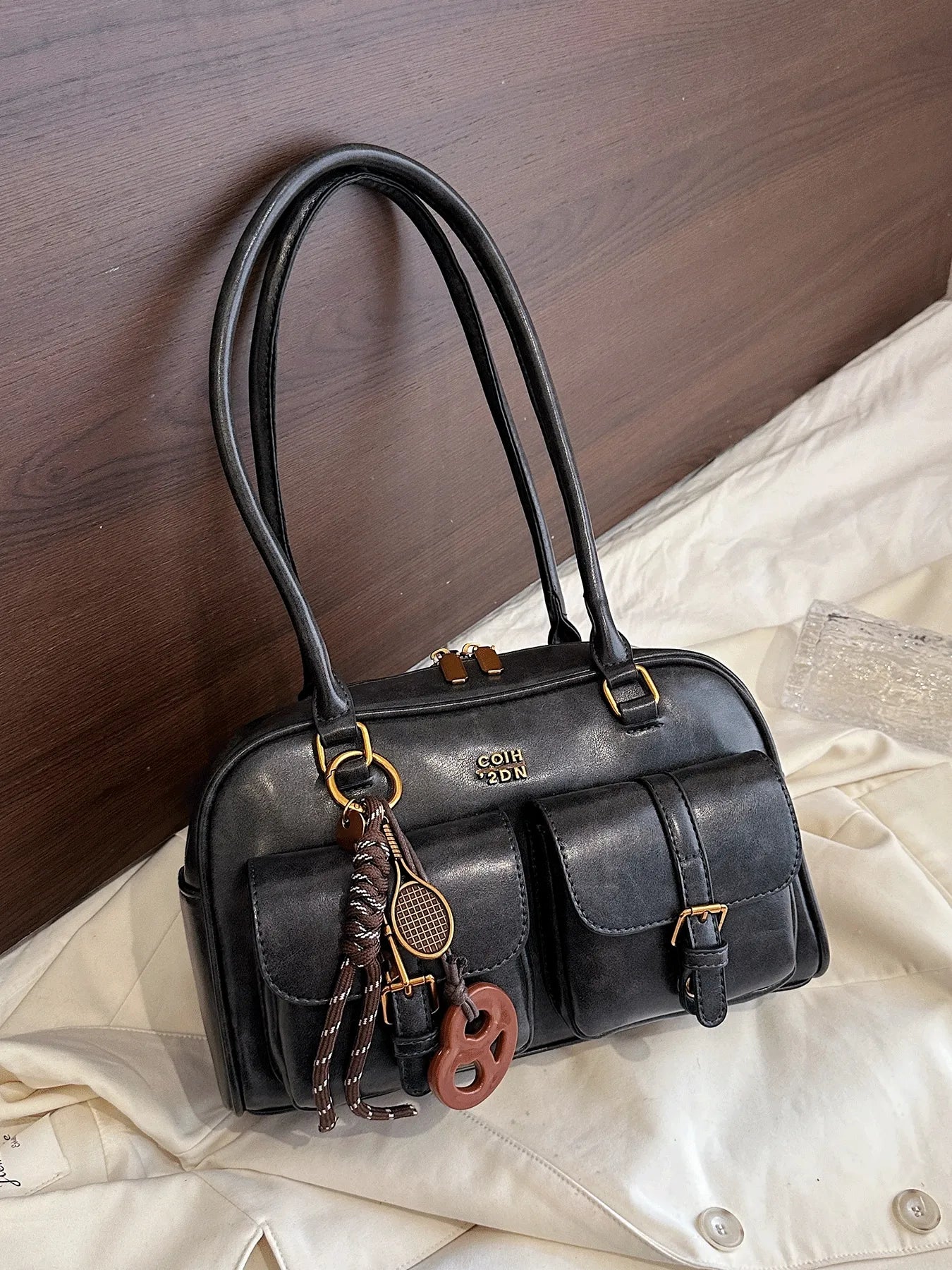 Vintage Brown Tote Bag for Women, Crossbody Shoulder Bag with Metal Buckles & Keychain, Stylish Spacious Daily Purse