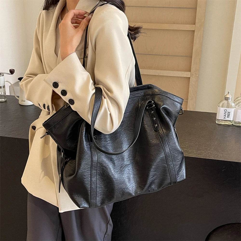 MOODS Large Sized Tote Bags For Women Soft PU Leather Pure Color Large Capacity Shopper Shoulder Crossbody Bag Quality Handbags - Dressect