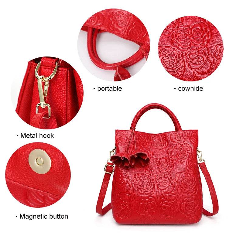 Classic embossed women's bag leather pit bag, large capacity top cowhide cross-body bag - Dressect