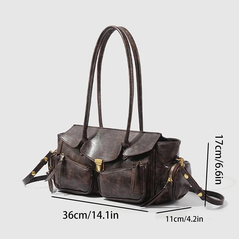 Vintage Style Versatile Handbag Multi-pocket Motorcycle Bag Luxury Designer Handbag