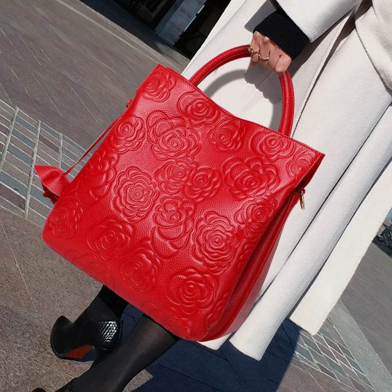 Classic embossed women's bag leather pit bag, large capacity top cowhide cross-body bag - Dressect