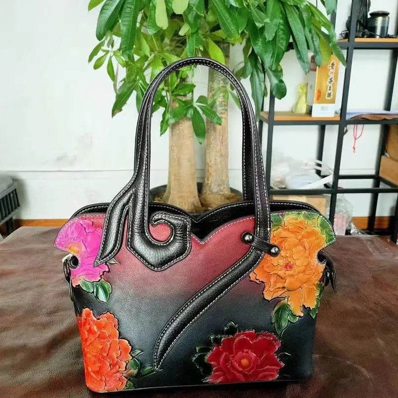 Woman Floral Tote Bags 2025 New Handmade Cow Leather Shoulder or Crossbody Bag - Dressect