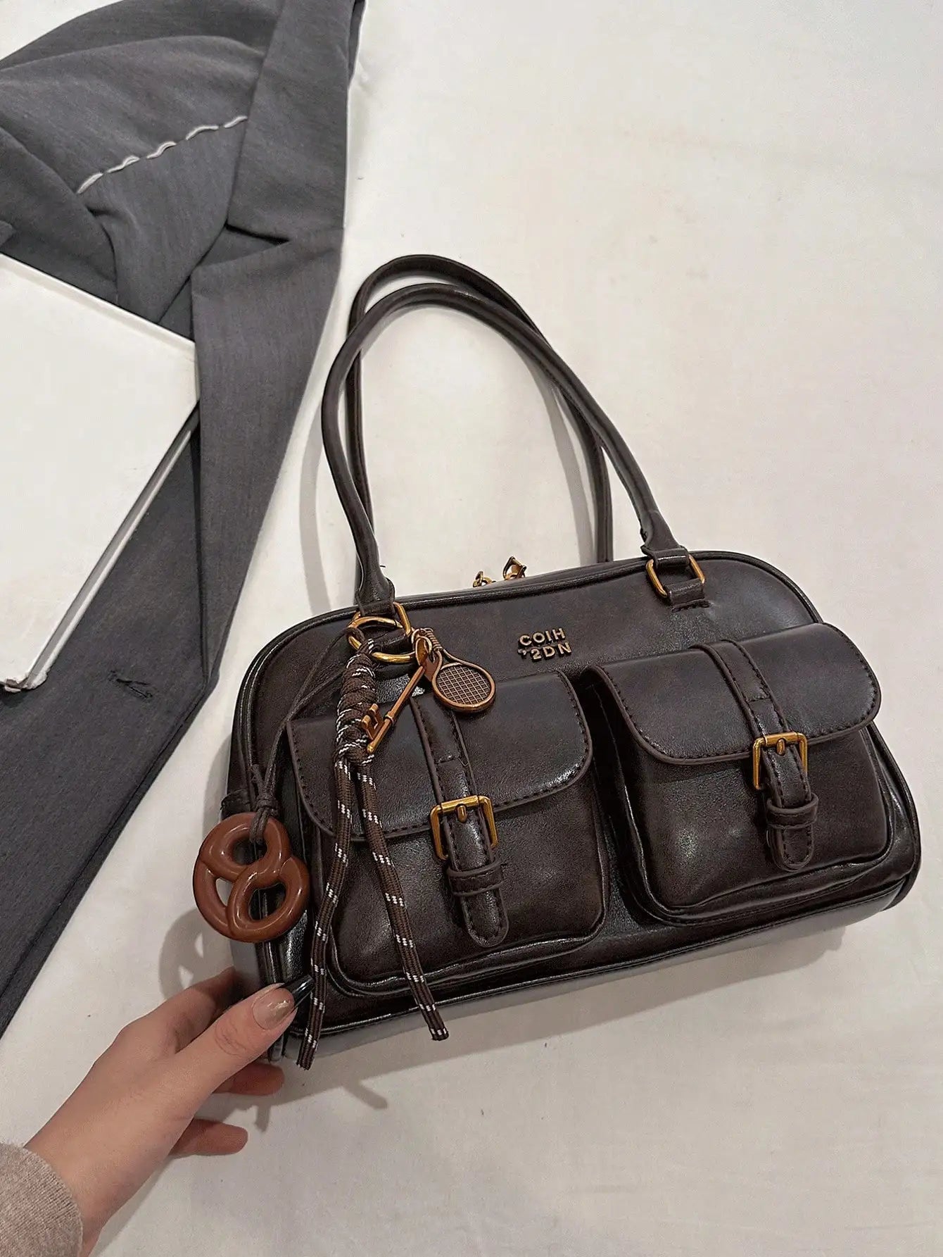 Vintage Brown Tote Bag for Women, Crossbody Shoulder Bag with Metal Buckles & Keychain, Stylish Spacious Daily Purse