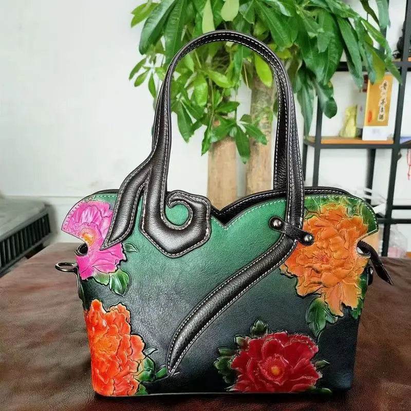 Woman Floral Tote Bags 2025 New Handmade Cow Leather Shoulder or Crossbody Bag - Dressect