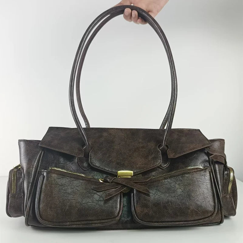Vintage Style Versatile Handbag Multi-pocket Motorcycle Bag Luxury Designer Handbag