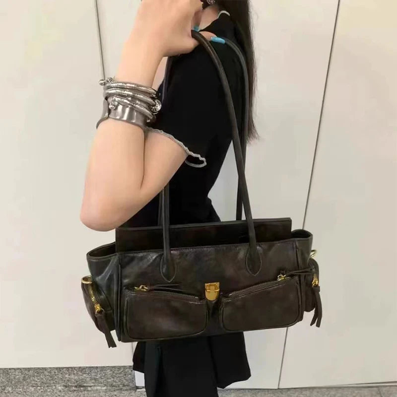 Vintage Style Versatile Handbag Multi-pocket Motorcycle Bag Luxury Designer Handbag