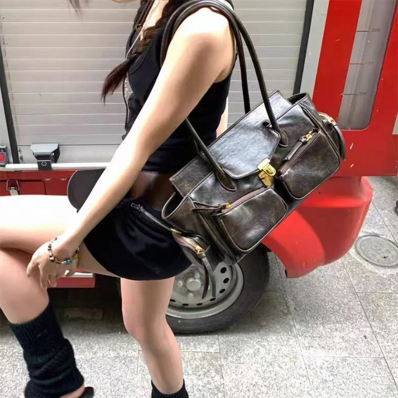 Vintage Style Versatile Handbag Multi-pocket Motorcycle Bag Luxury Designer Handbag