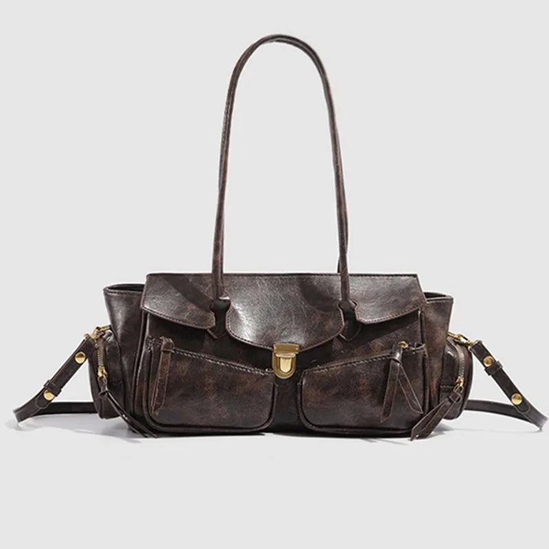 Vintage Style Versatile Handbag Multi-pocket Motorcycle Bag Luxury Designer Handbag