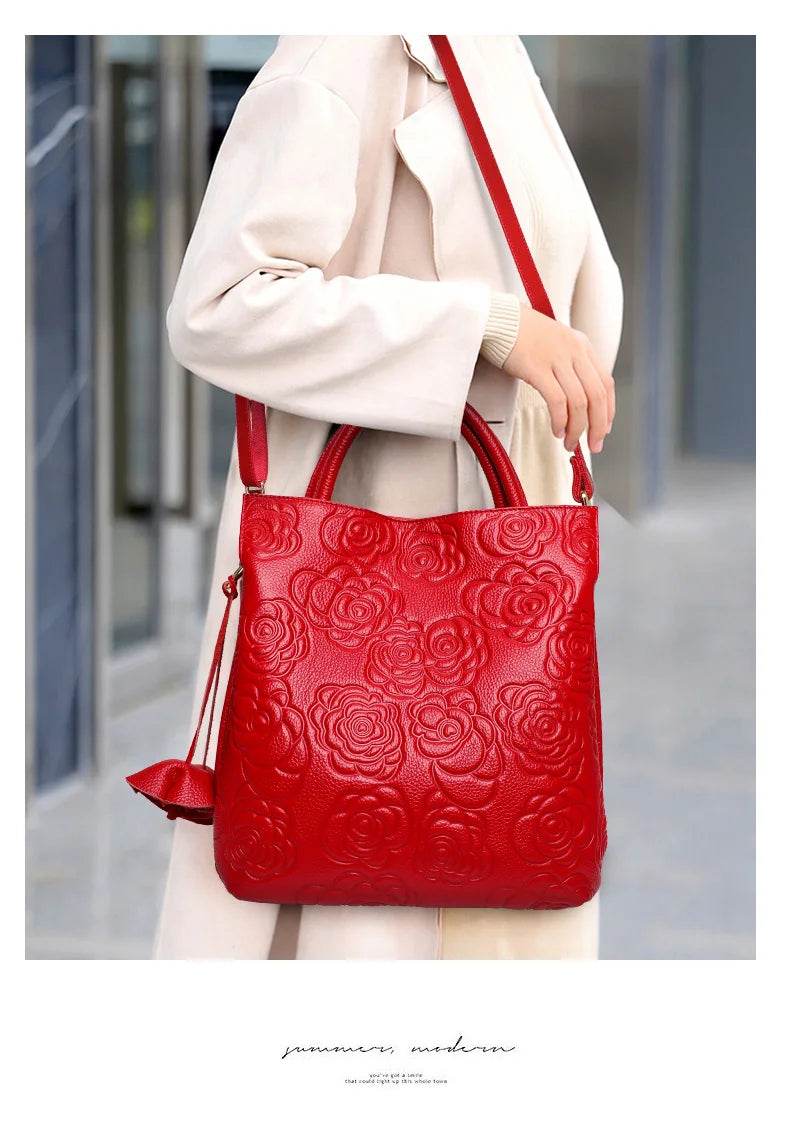 Classic embossed women's bag leather pit bag, large capacity top cowhide cross-body bag - Dressect