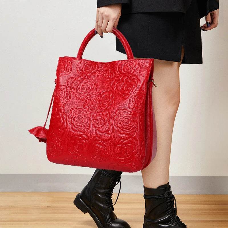 Classic embossed women's bag leather pit bag, large capacity top cowhide cross-body bag - Dressect