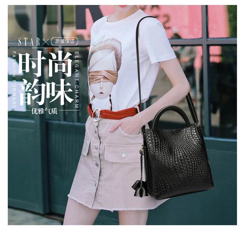 New women's handbag, large capacity woven texture bucket bag, multiple colors - Dressect