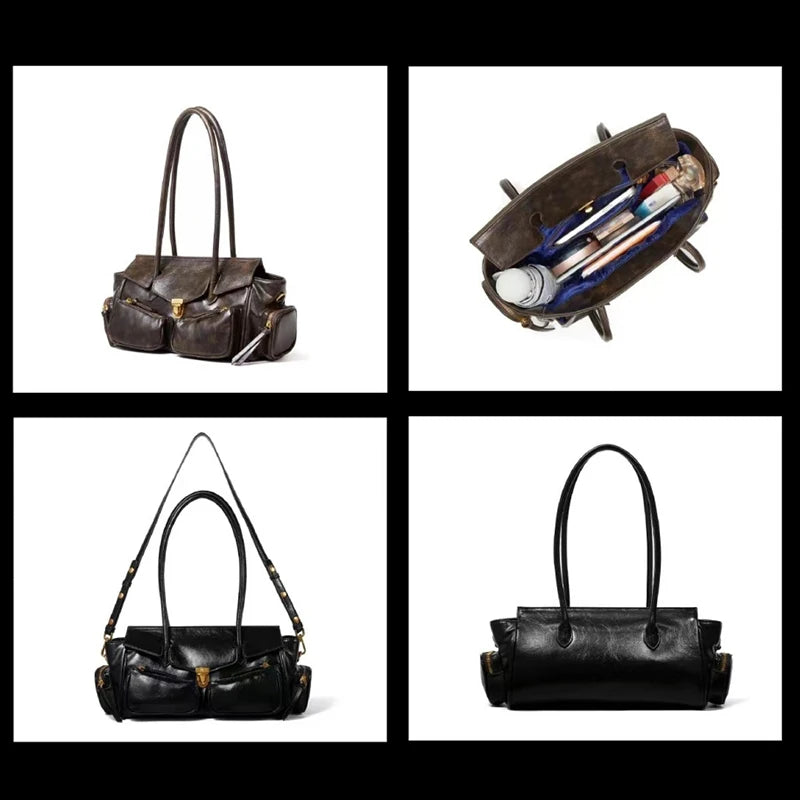 Vintage Style Versatile Handbag Multi-pocket Motorcycle Bag Luxury Designer Handbag