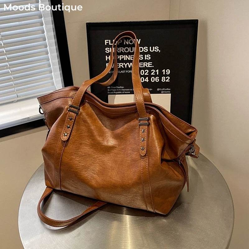 MOODS Large Sized Tote Bags For Women Soft PU Leather Pure Color Large Capacity Shopper Shoulder Crossbody Bag Quality Handbags - Dressect