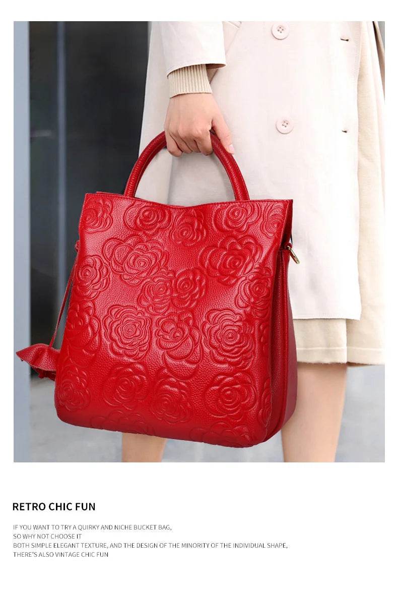 Classic embossed women's bag leather pit bag, large capacity top cowhide cross-body bag - Dressect