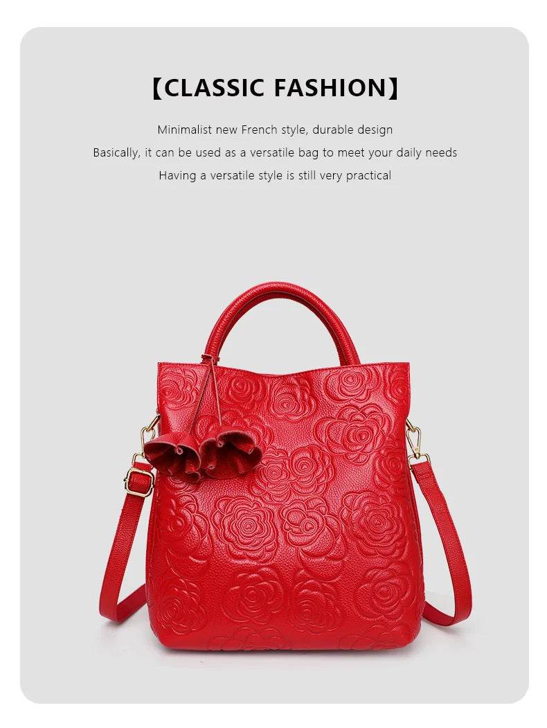 Classic embossed women's bag leather pit bag, large capacity top cowhide cross-body bag - Dressect