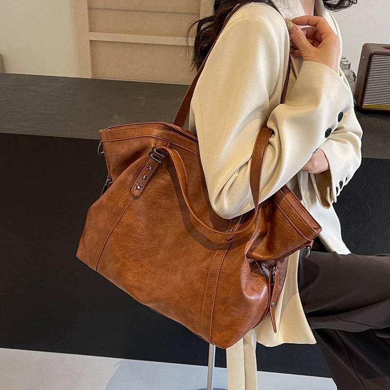 MOODS Large Sized Tote Bags For Women Soft PU Leather Pure Color Large Capacity Shopper Shoulder Crossbody Bag Quality Handbags - Dressect