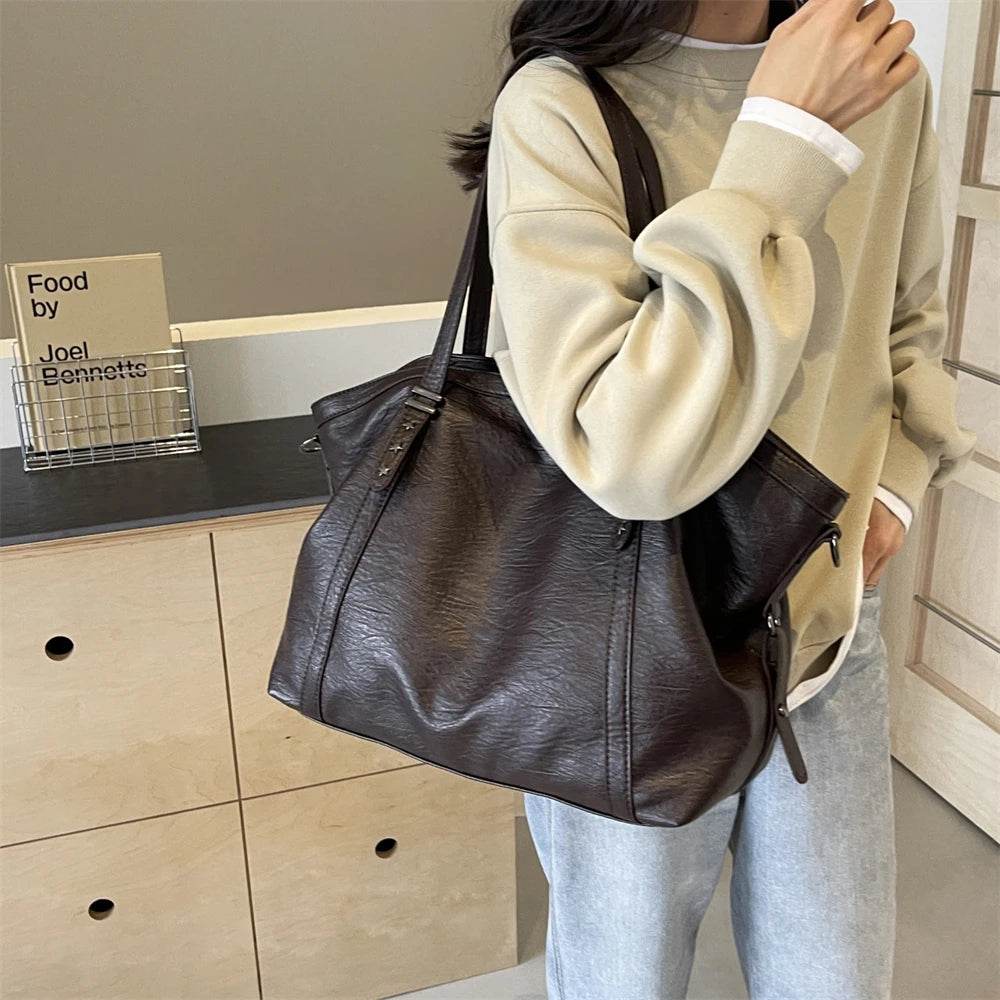 MOODS Large Sized Tote Bags For Women Soft PU Leather Pure Color Large Capacity Shopper Shoulder Crossbody Bag Quality Handbags - Dressect