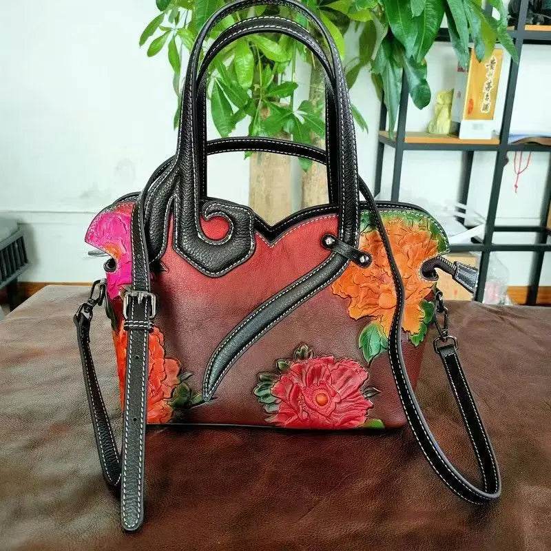 Woman Floral Tote Bags 2025 New Handmade Cow Leather Shoulder or Crossbody Bag - Dressect