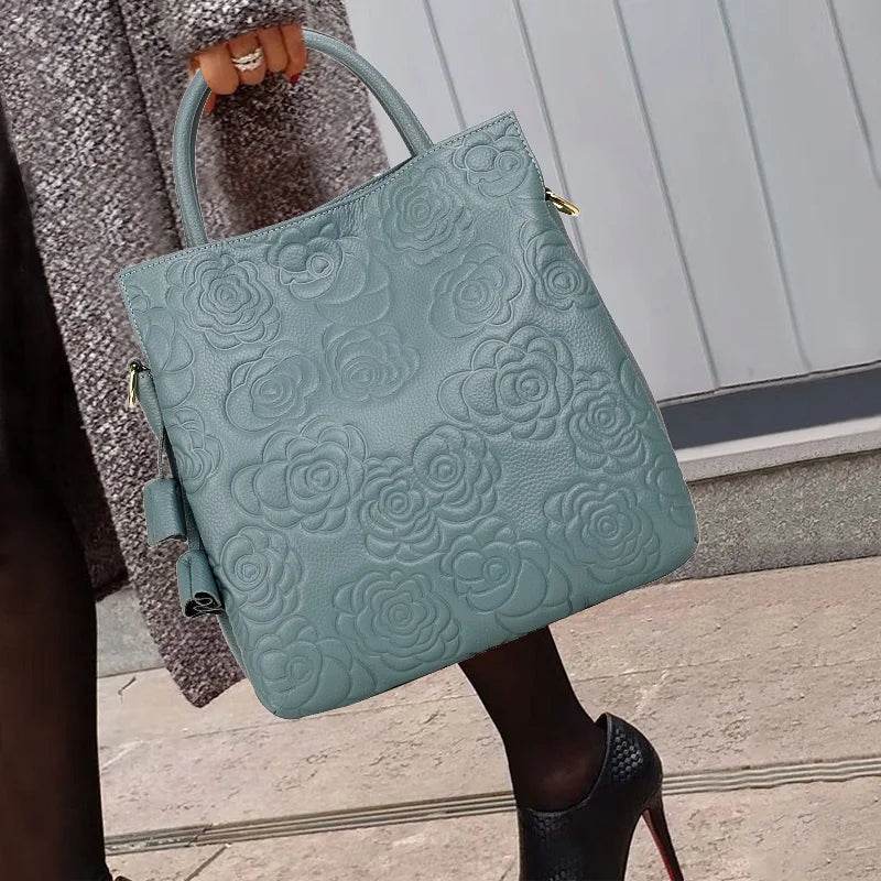 Classic embossed women's bag leather pit bag, large capacity top cowhide cross-body bag - Dressect