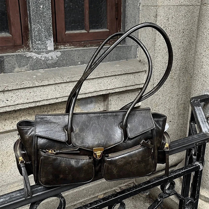 Vintage Style Versatile Handbag Multi-pocket Motorcycle Bag Luxury Designer Handbag