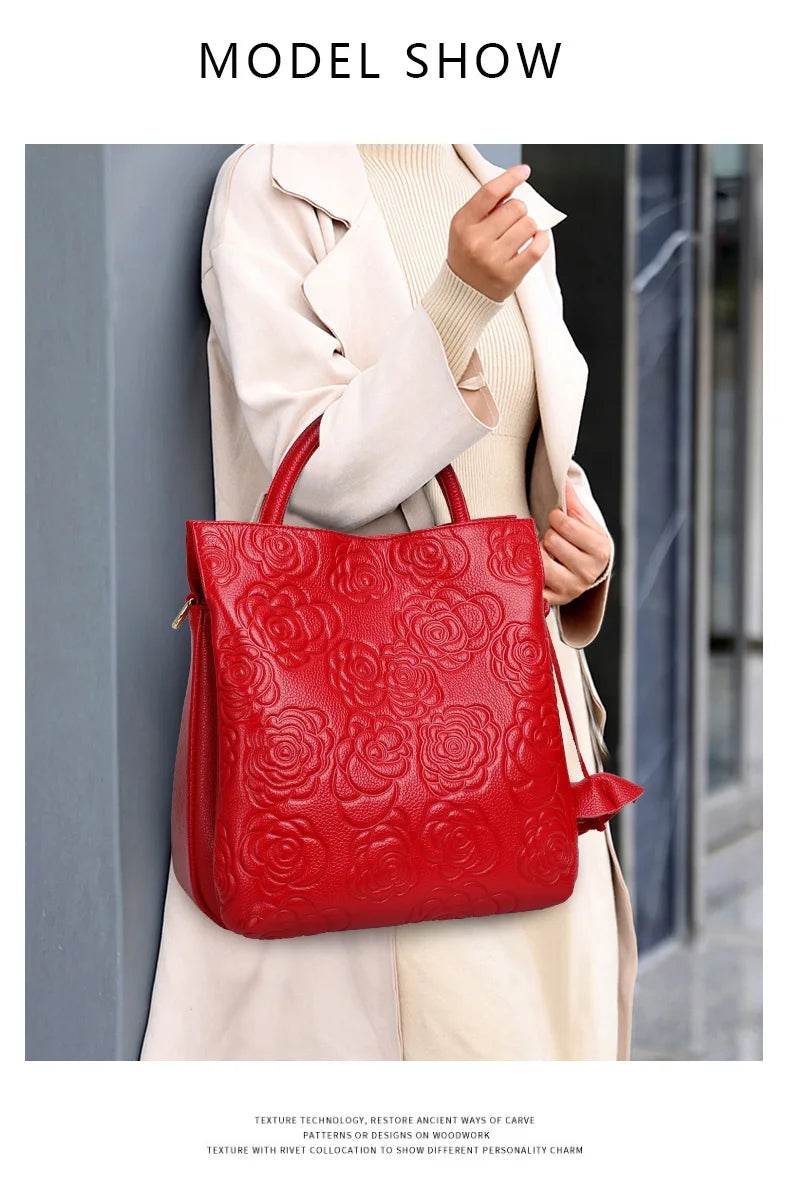 Classic embossed women's bag leather pit bag, large capacity top cowhide cross-body bag - Dressect